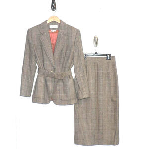 Spiegel Women's Vintage Wool Blend‎ Notch Collar Belted Suit Jacket & Skirt 6P